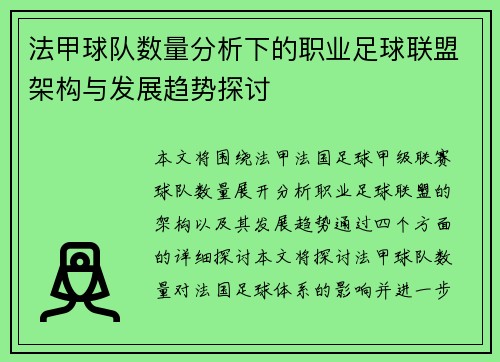 法甲球队数量分析下的职业足球联盟架构与发展趋势探讨