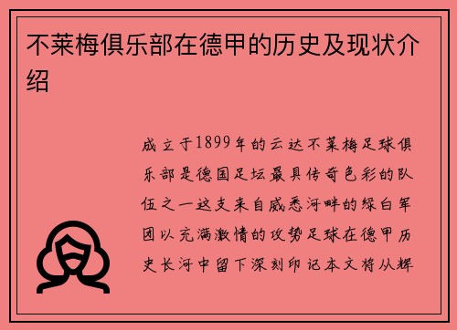 不莱梅俱乐部在德甲的历史及现状介绍